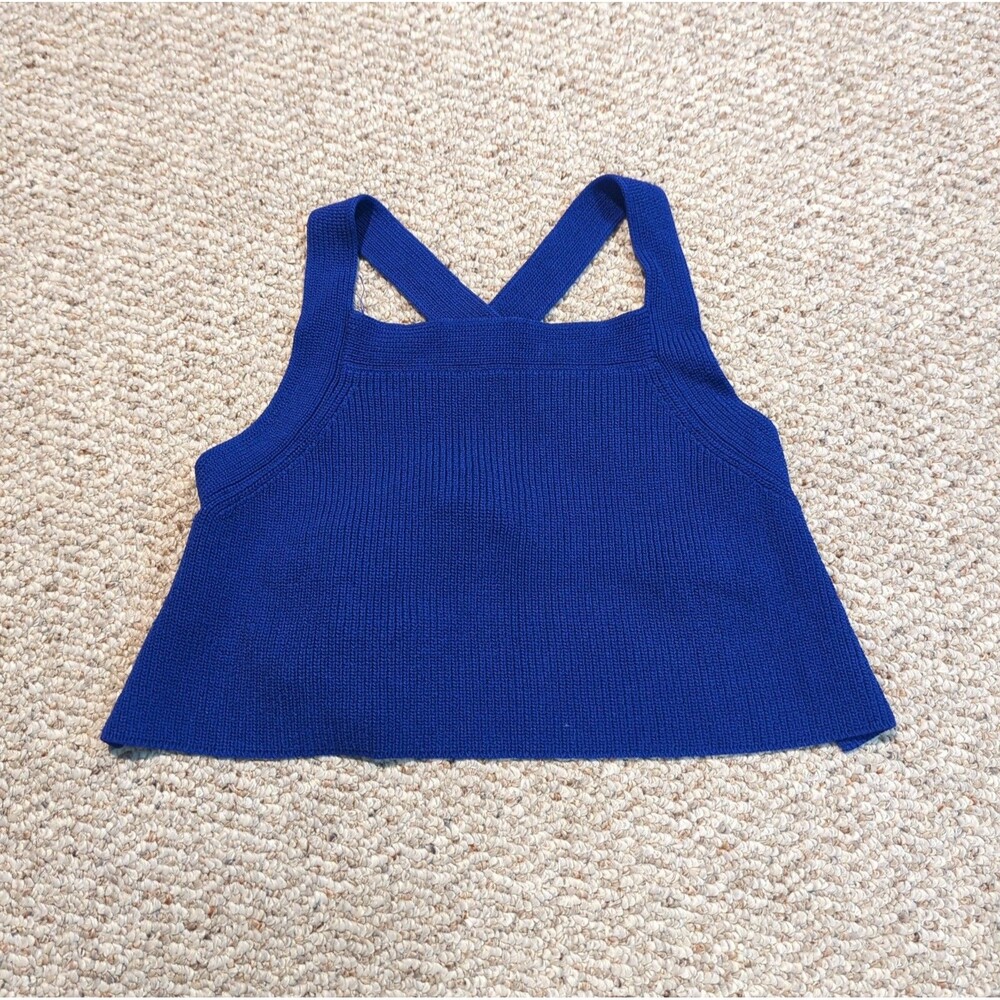 Aritzia Wilfred Cayenne Cropped Ribbed Knit Halter Top Small Blue Open Back